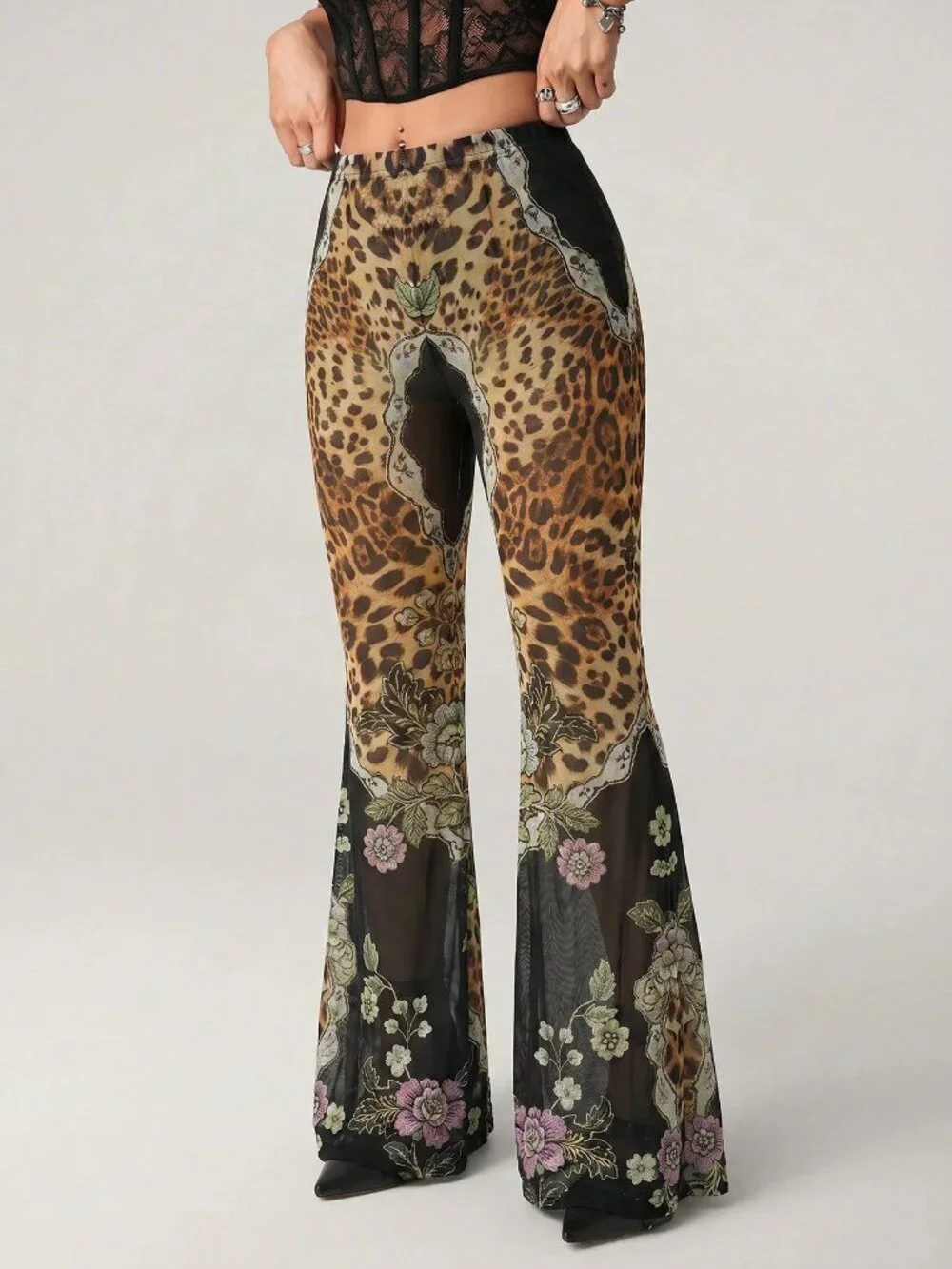 Brown Casual Women's Leopard Print Flared Leg Pants